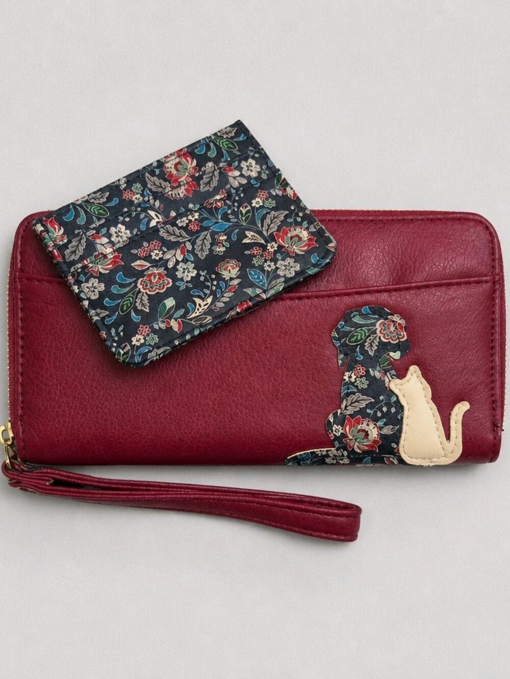 Mundi Burgundy Wallet Wristlet Floral Applique Cardholder Set